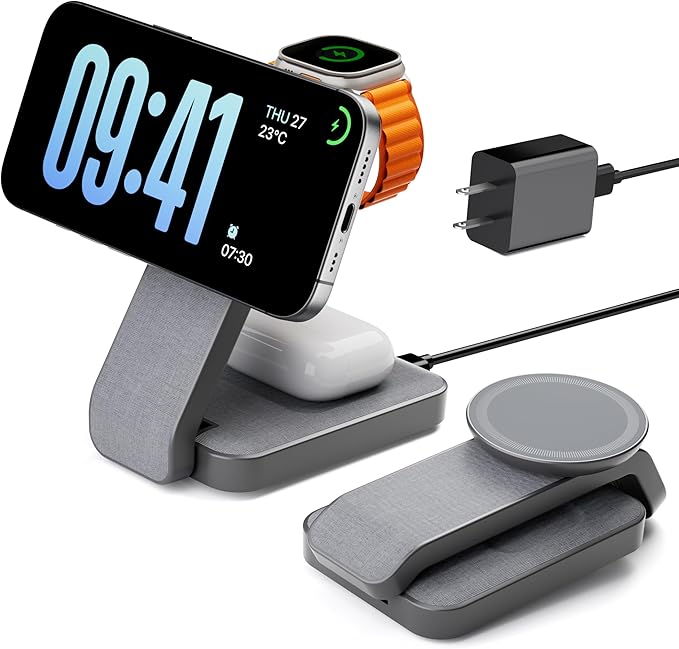 3 in 1 Foldable Wireless Charging Station for MagSafe, Nightstand Magnetic Charger Stand for iPhone 17 16 15 14 Pro Max, Travel Charging Dock with Night Light for Apple Watch/AirPods (Gray)