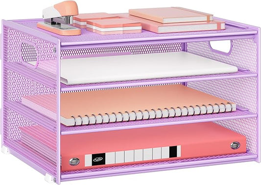 Lavatino 3-Tier Letter Tray Desk Organizer, Mesh Paper File Tray Organizer for Desk, Office Supplies & Home Organization, Fits A4 Paper, Mail, Magazines & Office Accessories (Purple with Handle)