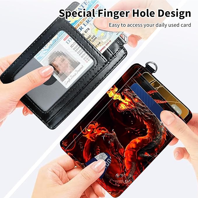 Slim Minimalist Front Pocket Wallet,Credit Card Holder Wallet for Women Men,RFID Blocking Credit Card Holder Case Leather Cute Small Thin Wallet ID Window&Wrist Strap,Fire Red Dragon