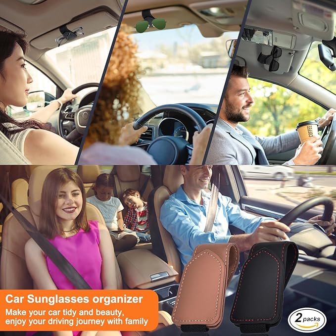 Hoffi Black Sunglasses Holder for car Visor, 2 Packs Magnetic Leather Sunglasses Clip for car Visor, car Accessories for Women and Men Interior, Visor Sunglasses Holder Clip（Black+Brown）