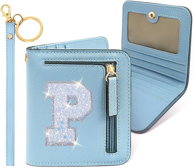 COSHAYSOO Small Wallet for Women Teenager Girl Personalized Initial Gift Preppy Letter Monogrammed Patch Mini Purse Waterproof for Travel Credit ID Cards Cash Holder Novelty Organizer Blue P