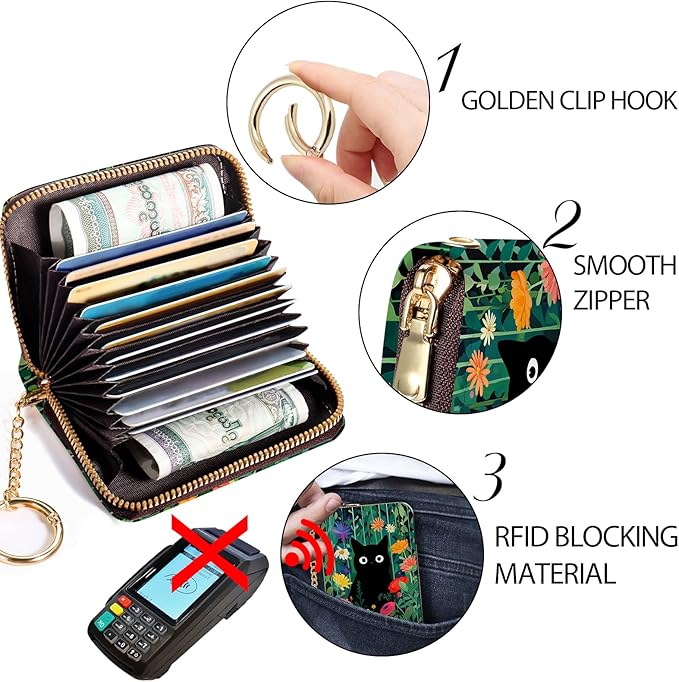 Credit Card Holder RFID Wallet, Small Card Holder Wallet for Women with Keychain Zipper, Funny Leather Print Credit Card Wallets Accordion Gift