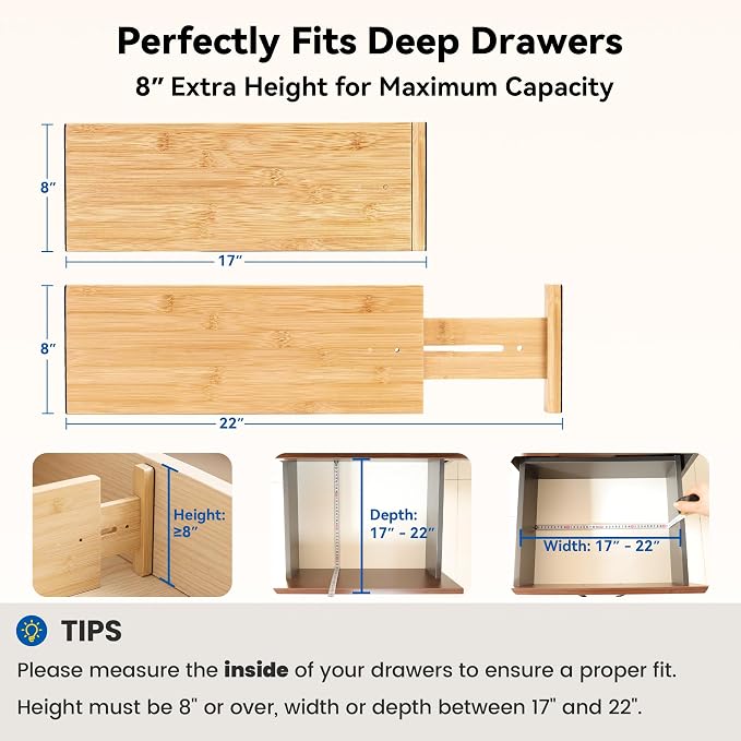 4 Pack Deep Drawer Dividers, 8" High Bamboo Expandable Drawer Organizers, 17-22" Adjustable Tension Separators, Large Drawer Dividers for Kitchen, Bedroom Dresser, Baby Nursery & Bathroom