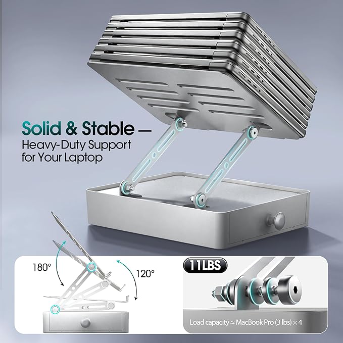 Laptop Stand with Storage Drawer, Adjustable Ergonomic Laptop Riser for Desk, Heavy-Duty Metal Stand for 10??6??Laptops, Space-Saving Desk Organizer for Remote Work & Home Office, Silver