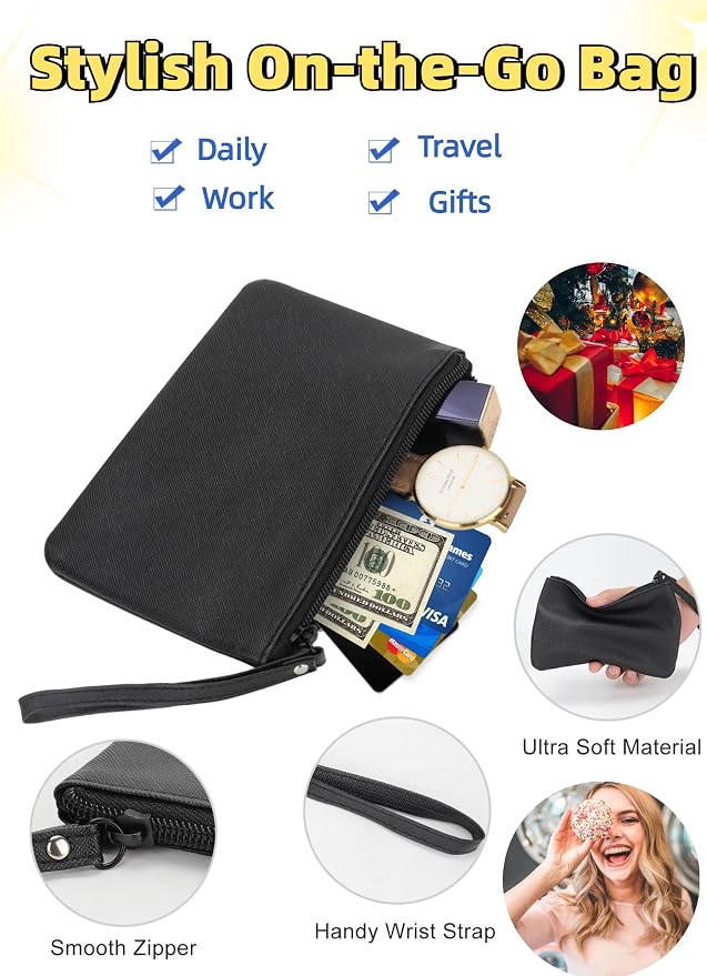 2 Pack Small Zipper Pouch Mini Makeup Bag for Purse Lipstick Cosmetic Travel Make Up Organizer for Women Essentials, Car Change Coin Holder 4.5 x 6.5 Clutch Stadium Approved Wristlet, Black Silver