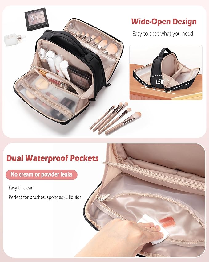 Marscamd Travel Makeup Bag for Women, Puffy Cosmetics Organizer with Waterproof Pockets, Toiletry Pouch for Makeup Brushes, Skincare & Travel Essentials, Black (Bag Only)