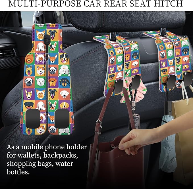 PU Leather Car Seat Hook, Storage Headrest Hanger, Cute Car Backseat Organizer, Car Hooks for Purses and Bags Colorful Dog Faces