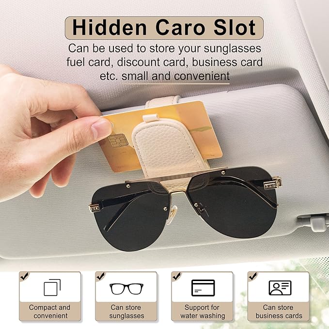 SINGARO Sunglasses Holder for Car, Leather Magnetic Buckle Sun Visor Sunglass Clip, Ticket Card Storage Glasses Clip, Car Interior Accessories for Men and Women（Beige）