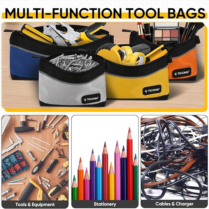 TICONN Tool Pouches with Zipper, 1680D Oxford Small Tool Bags, Waterproof Utility Bag Zipper Pouch for Tool Organizers and Storage (6 Pack Large)