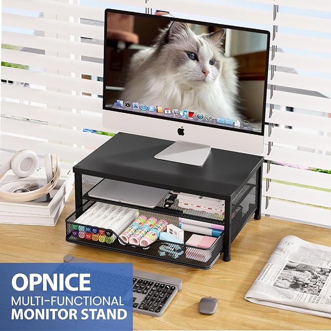 OPNICE Computer Monitor Stand Riser, Desk Organizer with Drawer, Printer & Laptop Stand, Office Desk Accessories & Workspace Desktop Organizers Storage for Office Supplies(Black 2-Pack)