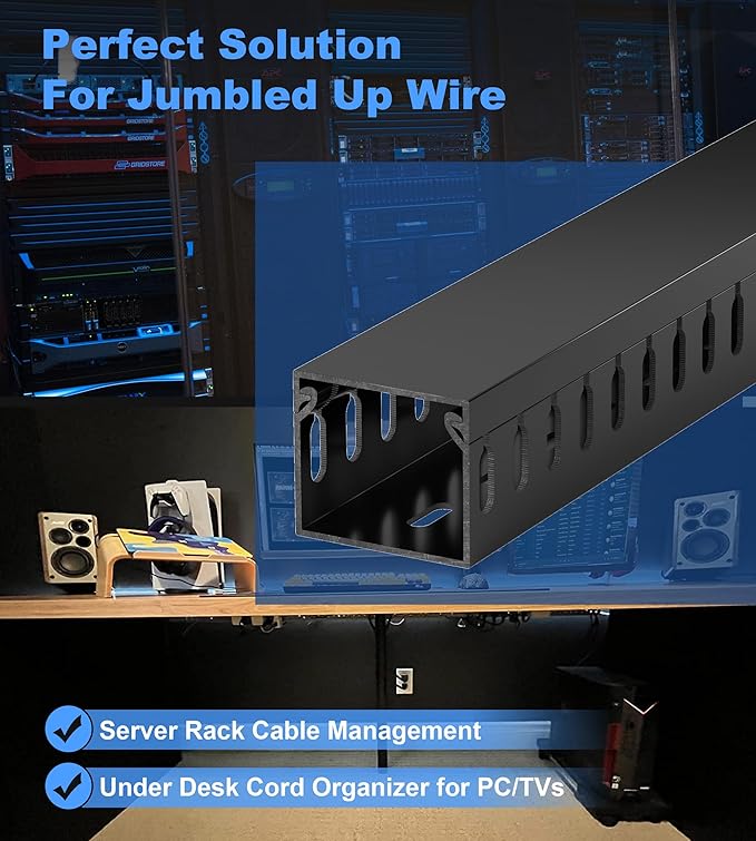ZhiYo H1.4 W1.6in Professional Server Rack Cable Management Raceway, 66in (4X L16.5in) Cable Raceway Kit, Electrically Safe PVC Open Slot Wire Raceway for Under Desk/Computer/Network Cords, Black