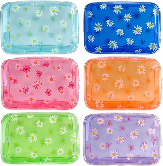 Neon TSA Approved Clear Toiletry Pouch, 7"x2.3"x4.7" Size, PVC Travel Makeup Bags for Toiletries, Transparent Cosmetic Bag for Women and Men Small (Daisy~6PCS)