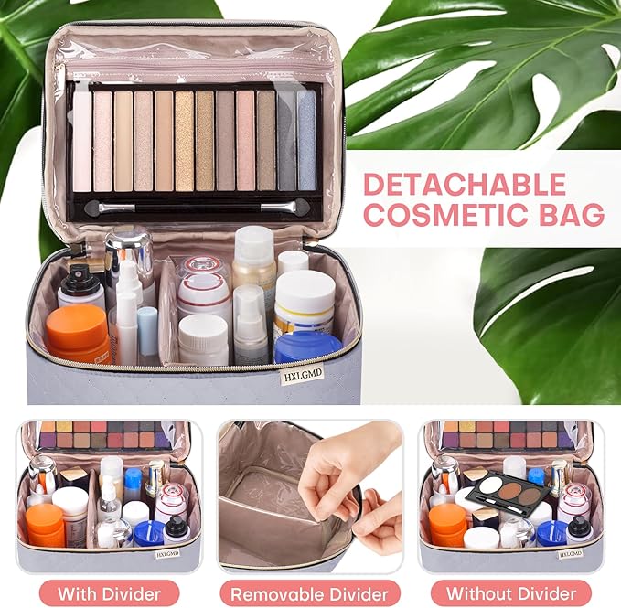 HXLGMD Large Makeup Bag with Mirror Double Layer Travel Make Up Organizer Case, Large Capacity Coemetic with Brush Slot Divider, Travel Toiletry Bag for Women (Grey)