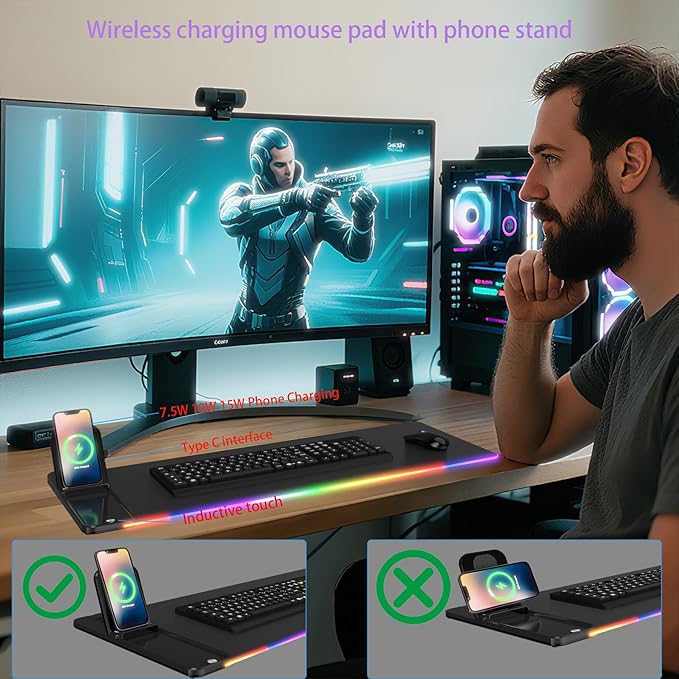 Gifts for Mom Dad &Friends,Wireless Phone Charger with Mouse Pad,RGB Gaming Mouse Pad with Phone Holder, 15W Fast Wireless Charging Desk Mat with Ultra-Smooth Surface for MacBook PC Laptop Computer
