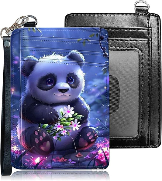 Slim RFID Blocking Card Holder Wallet with Wrist Strap - Minimalist Front Pocket Wallet, Lovely Panda Design, PU Leathe, for Men & Women, Ideal for Travel & Gifts