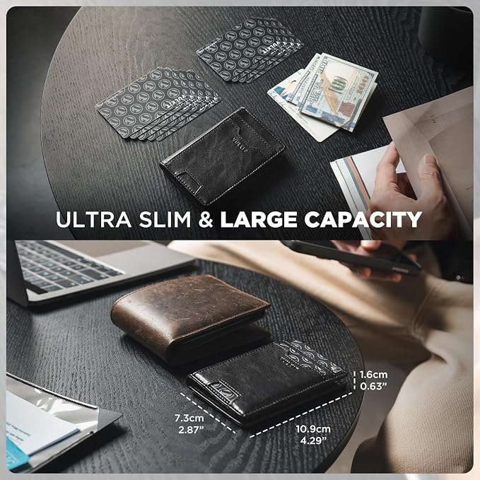 VULKIT Credit Card Holder RFID Blocking Slim Leather Front Pocket Mens Wallet Bank Card Holder Quick Access with 10 Slot and Money Band for Bills or Receipt, Palm-Size Wallet, Black, 10.9 x 7.3 x 1.6