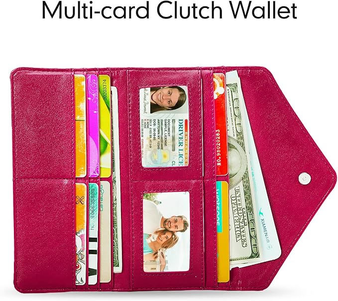 Women's Card Wallet Envelope Style RFID Blocking Credit Card Holder Long Cash Wallet for Ladies, Rose Red