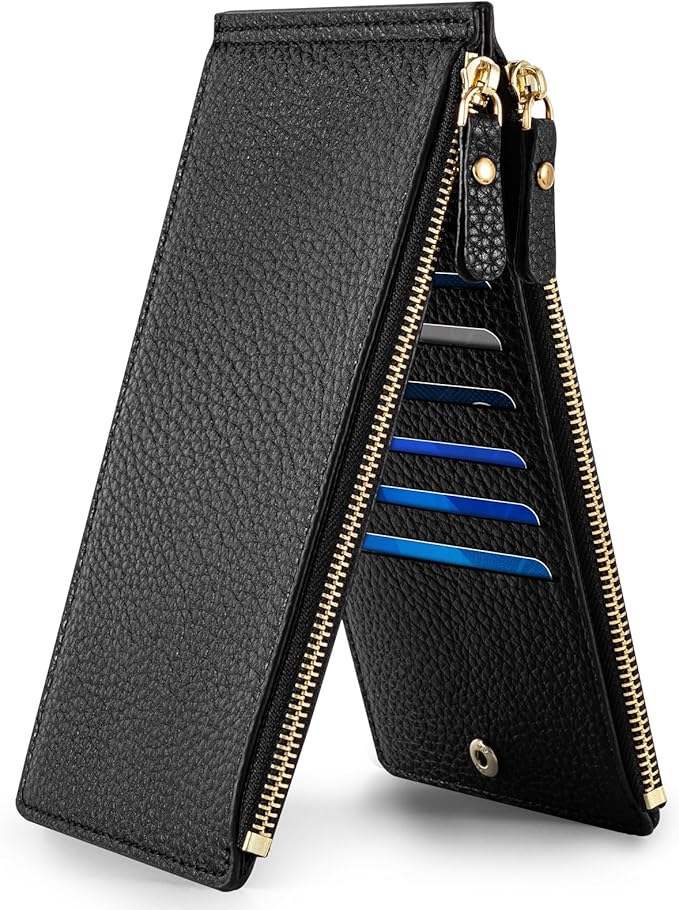 Womens Wallet, RFID Blocking Leather Wallet Large Size Bifold Multi Card Holder Wallet with Zipper Pocket - Black