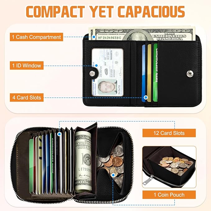 HUANLANG Mens Wallet RFID Blocking Multi Card Holder Wallets for Men Bifold Wallet with Zipper Small Men's Leather Wallet