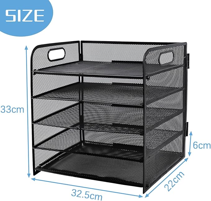 5 Tier Desk Organiser with Handle, Pull-Out Mesh File Organizer for Letter Tray Organizer Mesh Desk Organiser Tray Paper Storage Rack for A4 File Office Supplie, Black