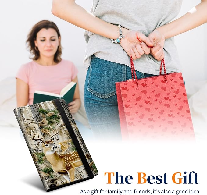 Premium PU Leather Checkbook Cover for Men & Women,RFID Blocking Slim Check Book Holder with Duplicate Check Divider & Pen Holder,Fits Standard Personal Checks,Camouflage Forest Deer-2