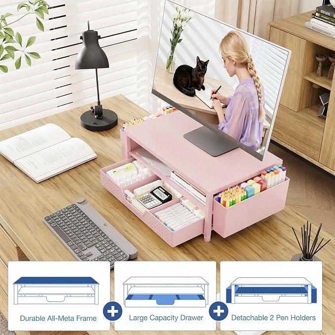 OPNICE Desk Organizers and Accessories, 2-Tier Computer Monitor Stand Riser with Drawer and 2 Pen Holders, Laptop Stand, Office Desk Accessories for Office Supplies, Pink