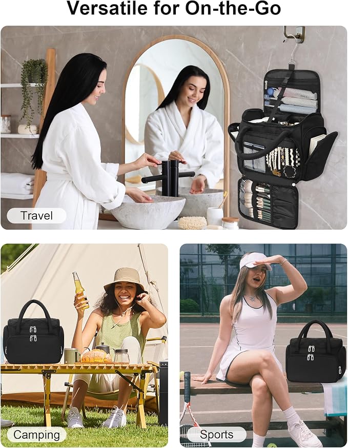 Travel Toiletry Bag for Women with Hanging Hook, Large Wide-open Travel Bag with 2 Removable Dividers, Puffy Makeup Bag Organizer with Compartments for Full Sized Container, Cosmetics, Toiletries