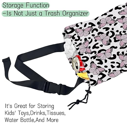 Butterfly Car Garbage Bag,Leopard Waterproof Small Car Trash Bag Hanging Back of Seat,Drawstring Hanging Car Trash Bag with Adjustable Buckle for Car Accessories