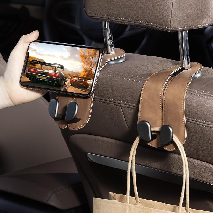 CoBak Purse Hook for Car - Universal Premium Stitched Leather and Aluminum-Magnesium Alloy Double Car Seat Back Storage Hook for Purses, Handbags, Bags (2 Pack),Brown