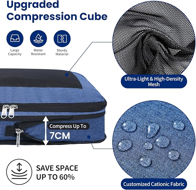 Compression Packing Cubes for Travel, Lightweight Vacation Travel Essentials, Travel Accessories for Suitcase Organizer Bags Set, Durable Luggage Organizer
