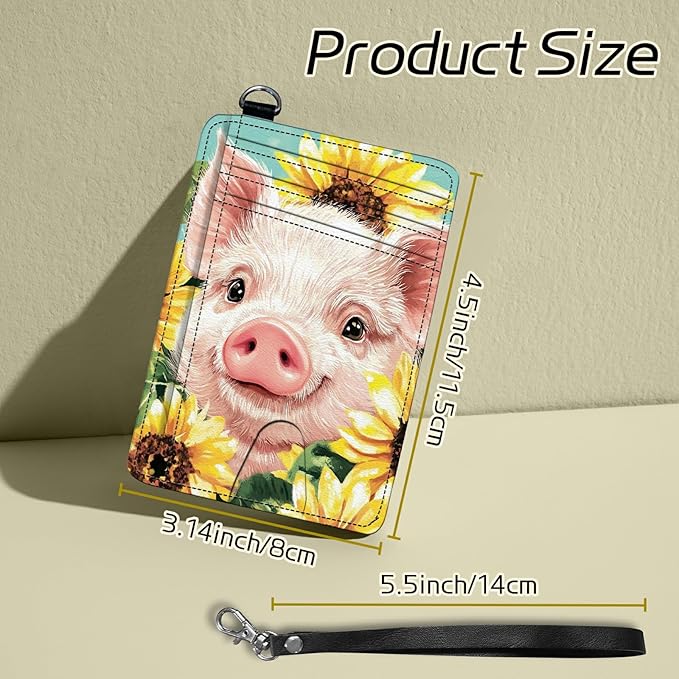 Small Travel Wallets, Pig Sunflowers Slim Minimalist Front Pocket Wallet with Wristlet, RFID Blocking PU Leather Credit Card Holder with ID Window Change Purse for Men Women