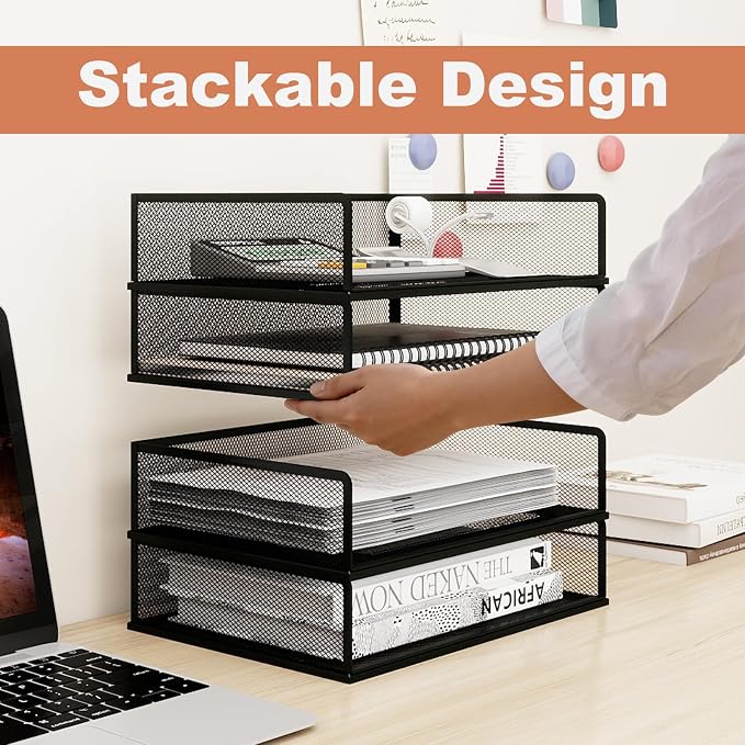 Natwind 4-Tier Stackable Metal Mesh Letter Paper Tray Organizer,Black | Desk Organizer For Paper,Document,Mail Tray For Office Supplies,File Holder For Home Office School Classroom Organization