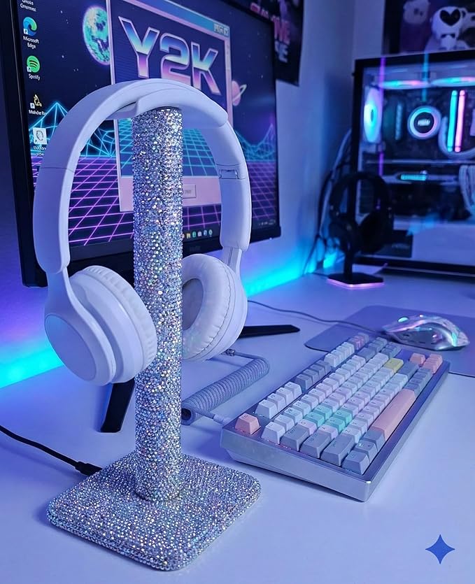 Silver Rhinestone Headphone Stand – Bling Crystal Headset Holder for Y2K Gaming Desk Setup – Sturdy Weighted Metal Base with Soft TPU Rest – Sparkly Luxury Gift for Women & Teen Girls (Silver)