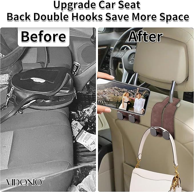 vidonio 2 Pack Double Car Seat Hooks for Headrest, Rotatable Purse Holder for Car, Premium Leather Car Hooks for Purses and Bags, Headrest Hooks and Storage Accessories (Brown)