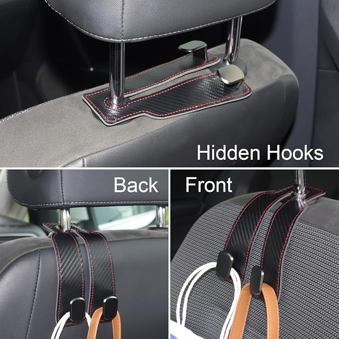 Car Seat Hooks for Headrest,Purse Hook & Back Storage Hook, Zinc Alloy & Suede Material Heavy Duty Car Hooks for Purses and Bags,Universal Fit for Most Vehicles (Carbon)