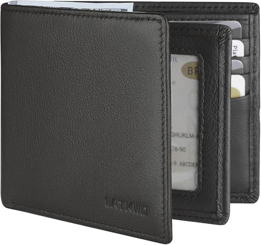 Mens Wallet - Genuine Leather Bifold RFID Blocking Slim Front Pocket Large Capacity with 10 Card Slots, 2 ID Windows & 2 Cash Pockets - Heavy Duty Stitched Gift for Men (Black)