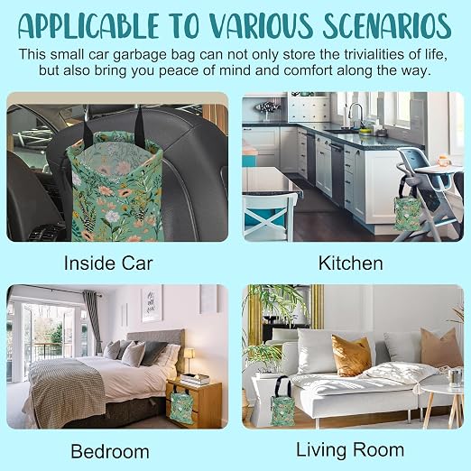 Car Garbage Bag Blooming Floral and Leaves Drawstring Car Trash Bag Hanging for Back Seat with Adjustable Buckle Canvas Vehicle Trash Can Easy-to-Install