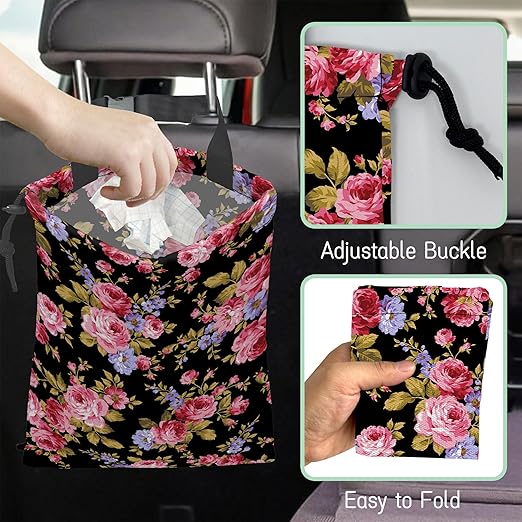 Pink Roses Car Garbage Bag,Hibiscus Waterproof Small Car Trash Bag Hanging Back of Seat,Drawstring Hanging Car Trash Bag with Adjustable Buckle for Car Accessories