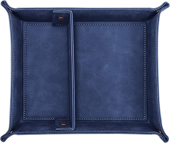 SITHON Valet Tray Desktop Storage Organizer, Removable 2 Compartments Catchall Tray Bedside Vanity Nightstand Caddy Holder Desk Storage Plate, Dark Blue