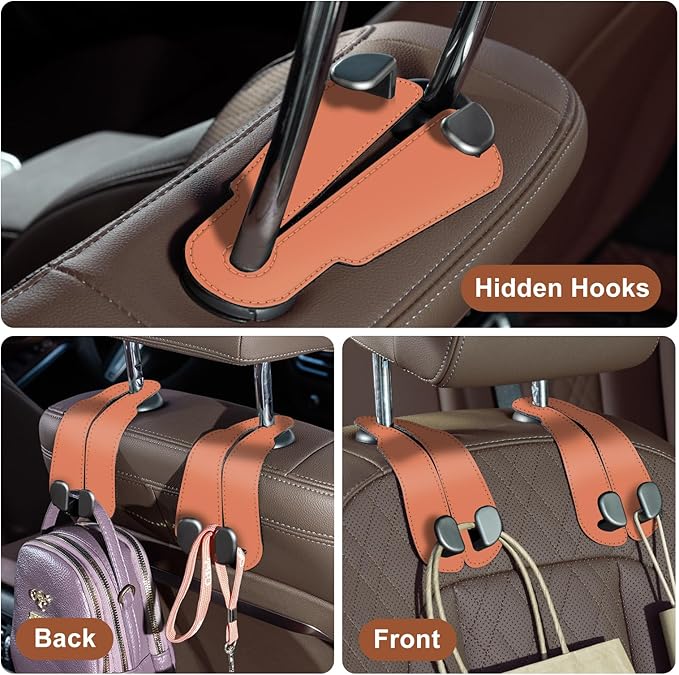 CoBak Purse Hook for Car - Universal Premium Stitched Leather and Aluminum-Magnesium Alloy Double Car Seat Back Storage Hook for Purses, Handbags, Bags (2 Pack),Coral Orange