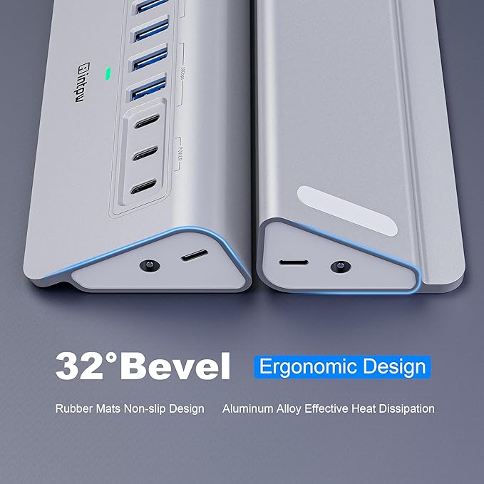 Powered USB Hub 10Gbps, intpw 9-Port USB 3.2 Hub, USB C with USB A/USB 3.2 Hub, 4 USB 3.0, 2 PD 45W Charging Port, 65W Power Adapter and 3.3FT Cable, Aluminum USB Hub for PC/Laptop, iPhone 17/16/15