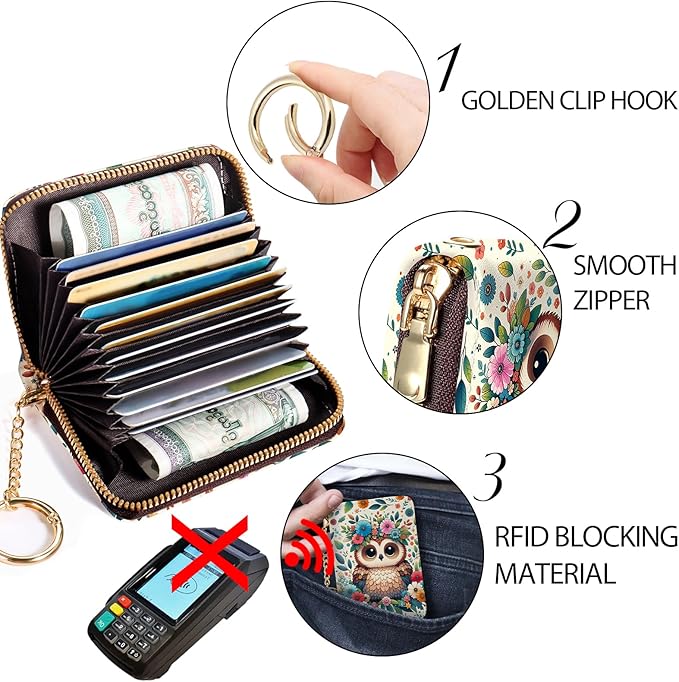 Credit Card Holder RFID Wallet, Small Card Holder Wallet for Women with Keychain Zipper, Funny Leather Print Credit Card Wallets Accordion Gift
