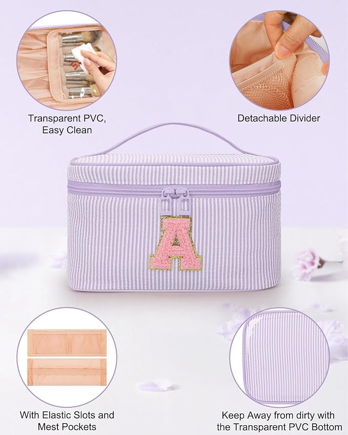 MONSTINA Mom Gifts for Mom, Personalized Initial Makeup Bag Cosmetic Bags for Women Cute|Makeup Pouch Birthday Gifts for Mother,Birthday Gift for Her Cute Toiletry Bag,2PCS Purple M