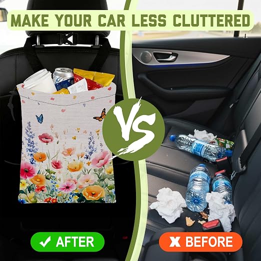 Car Trash Bag Watercolor Wildfloral Butterfly Hanging Drawstring Car Organizer and Storage Bag with Adjustable Buckle Canvas Garbage Bin for Back Seat or Hanging Headrest Road Trip Essentials