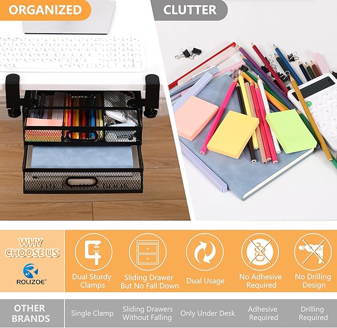 Sliding Under Desk Drawer Organizer No Drilling 2 Drawers Slide Out Desktop Or Under Table Storage Metal Clamp On Desk Drawer Attachment Anti-Slip Under Desk Organizer for Home & Office