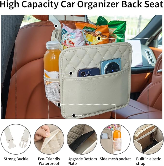 FrgKbTm 2Pack Car Seat Back Hanging Bag Car Document Holder Multi-Pocket Bottle Bag Storage Box Organizer Travel Tidy Pouch Pocket Kids Beige