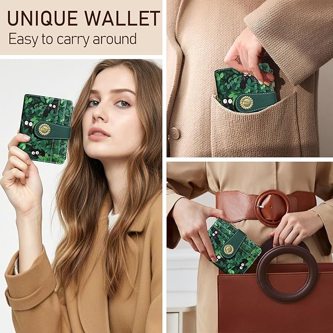 Kelvoris Cute Green Black Cats Grass Small Rfid Women Wallet Bifold Zipper Coin Pocket PU Leather Compact Cash Credit Card Holder Travel Wallet for Female Ladies Teen Girls 1 ID Window 10 Card Slots