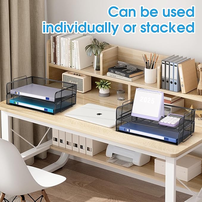 4 Tier Stackable Paper Tray Organizer for Desk, Office Desk Accessories, Paper Sorter Organizer for Letter/A4 Office File Folder Holder (Black, 19.2" x 9.7" x 10.2")