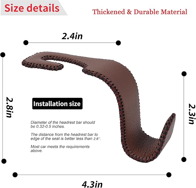 Amooca Car Seat Headrest Hook Universal Vehicle Storage Hanger Leather with Metal Car Seat Back Organizer for Handbag Purse Coat Brown 2 Pack