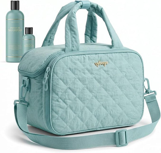 Lightweight Structured Travel Toiletry Bag for Women - Wide-Open Puffer Mini Duffel with Removable Divider, Waterproof Lining, Water-Resistant Exterior, Fits Full-Size Bottles & Shower Essentials